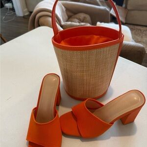 Orange Chunky Heel Slide Sandals with Matching Bucket Bag